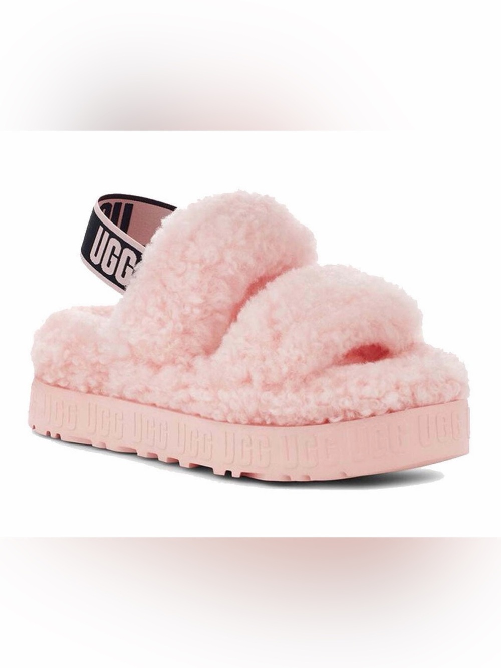 Pink UGG Oh Fluffita slides, featuring soft curly sheepskin straps